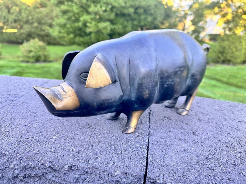 1960s Vintage Solid Brass Large Piggy Bank Heavy Brass Pig Figural Coin Bank 14”